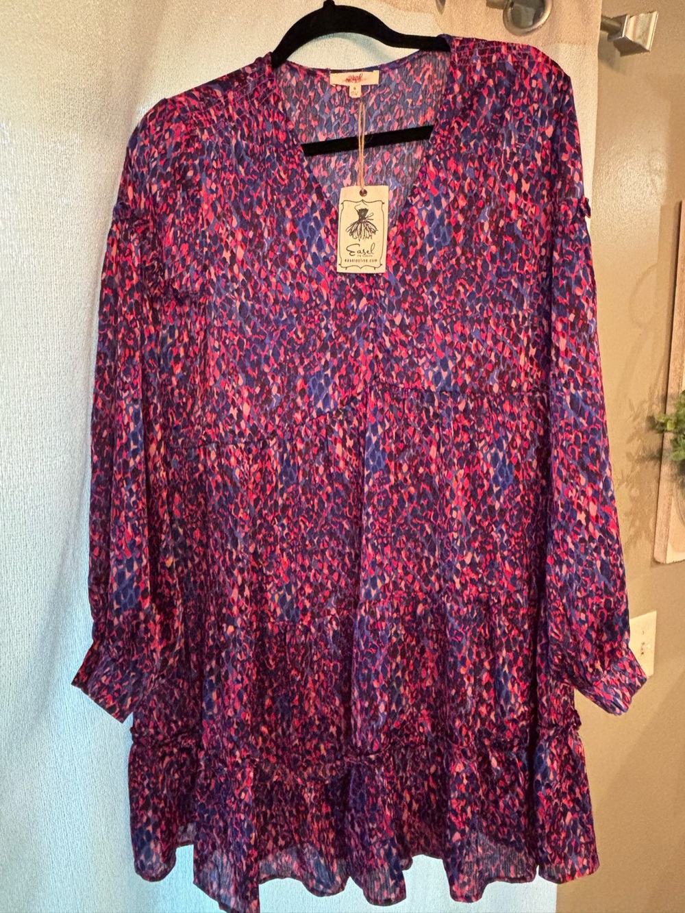 Easel LA Pink and Blue Printed V-Neck Dress NWT
